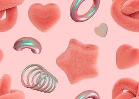 Seamless pattern with abstract 3D shapes on pink background. Colorful, playful design for print, textile, wrapping paper. Cute fluffy and holographic elements. Trendy, futuristic motive. 3d render. photo