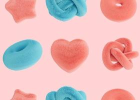 Seamless pattern with abstract 3D shapes on pink background. Colorful, playful design for print, textile, wrapping paper. Cute fluffy elements. Trendy motive. 3d render. photo