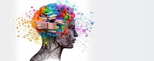 Human Head with Pencils and Colorful Paint Splashes on White Background, Symbolizing Education, Creativity, and Artistic Expression. photo