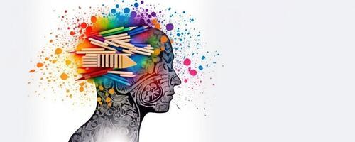 Human Head with Pencils and Colorful Paint Splashes on White Background, Symbolizing Education, Creativity, and Artistic Expression. photo