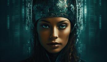 Futuristic humanoid robot exemplifies on blue background cutting edge artificial intelligence technology concepts. photo