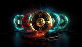 Digital padlock safeguards circuitry, epitomizing cyber security. photo