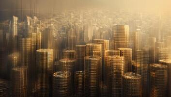 City lights shimmer behind towering coin stacks, symbolizing wealth and finance. photo
