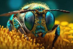 macro Disparo de un abeja, difícil a trabajo reunión néctar en vibrante amarillo floración. generativo ai foto