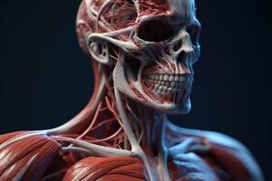 Human anatomy showcasing male muscles with nerves, isolated on black background, . photo