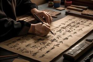 Chineese language day. Chinese symbols written with ink. Man Handwriting with an assortment of tools. photo