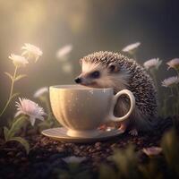 Cute fabulous hedgehog in a cup of tea with flowers. photo