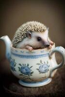 Cute realistic hedgehog in a vintage teapot. photo