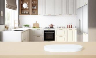 Epmty place for product on podium or pedestal on bright modern kitchen background. Kitchen mock up. photo