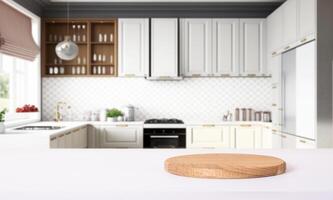 Epmty place for product on podium or pedestal on bright modern kitchen background. Kitchen mock up. photo