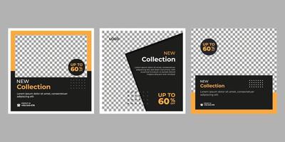 Set of Editable minimal square banner template. Black yellow white background color with geometric shapes for social media post and web internet ads. Vector illustration