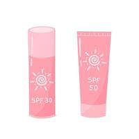 Sunscreen cosmetics. SPF cream set. Illustration for printing, backgrounds, covers and packaging. Image can be used for greeting card, poster, sticker and textile. Isolated on white background. vector