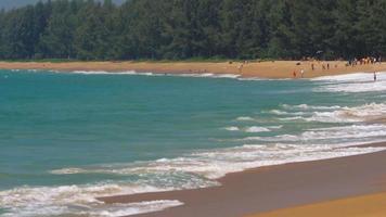 Long sandy beach by the ocean. Tourists having a rest on the seashore. Tourism and travel leisure concept video