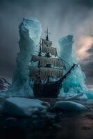 ship in a body of water with icebergs in the background. photo