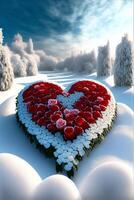 heart shaped flower arrangement in the snow. . photo