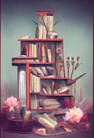 Bookcase with black rocks and old books arrangement. photo
