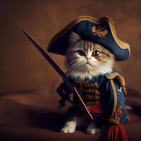 cat dressed up as a pirate with a sword. . photo