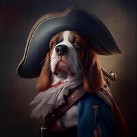 close up of a dog wearing a pirate hat. . photo