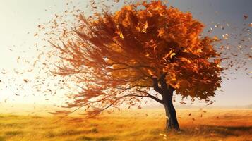 falling leaves from a tree in the sunset photo