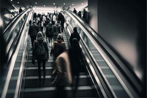 Unrecognizable blurred people on escalator in shopping. photo