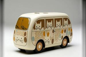 close up of a toy bus on a gray surface. . photo