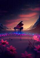 piano sitting on top of a field of flowers. . photo