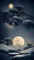 painting of snow covered trees and a full moon. . photo