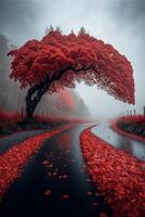 rojo árbol sentado en el lado de un la carretera. generativo ai. foto