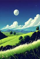 pintura de un verde campo con un lleno Luna en el cielo. generativo ai. foto