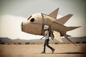 person walking with a cardboard fish on their head. . photo