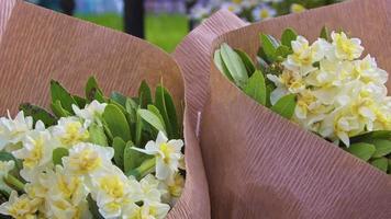 Delicious Fragrant Daffodil Flower Arrangement Bouquet In Front Of The Florist Shop video