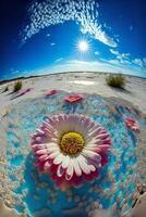 cake sitting on top of a beach covered in confetti. . photo