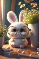 Little white bunny in cute glasses. . photo