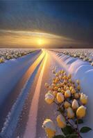 bunch of yellow tulips sitting in the middle of a snow covered field. . photo