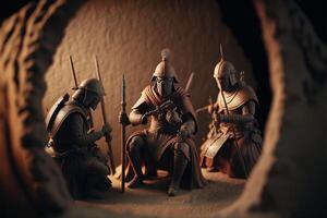 couple of figurines of knights sitting next to each other. . photo