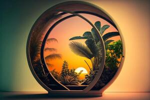 Tropical plants in a curved window with a gradient sun. photo
