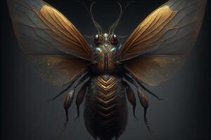 close up of a large insect on a black background. . photo