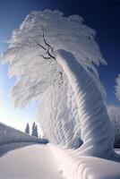 nieve cubierto árbol sentado en parte superior de un nieve cubierto campo. generativo ai. foto