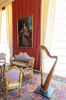 venaria real, Italia - lujo interior, antiguo real palacio. perspectiva con arpa, ventana y barroco decoración. foto