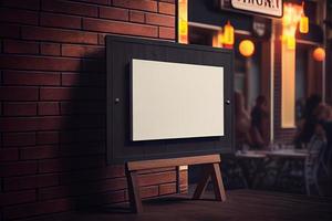 Mockup label, blank menu frame in Bar restaurant. Stand for booklets with white sheets paper in cafeteria photo