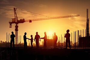 Silhouettes of engineers at construction site at sunset. photo