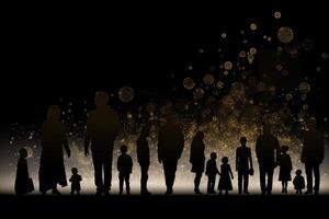 Different generations of family stand together against dark abstract background. photo