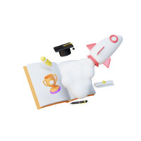 3d cohete con libro educación concepto ilustración png