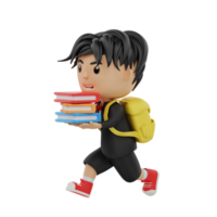 3d cute student character bring some books with run png