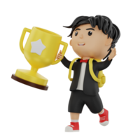 3d cute student character bring a trophy png