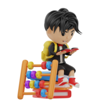 3d cute student character reading a book with abacus png