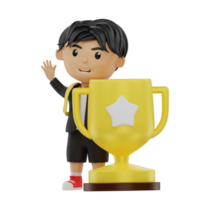 3d cute student character bring a trophy png