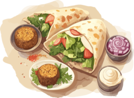 Falafel with Pita bread, sauce and vegetables hand drawn illustration, middle eastern cuisine png