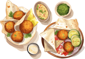 Special Falafel with vegetables hand drawn illustration, traditional middle eastern food png