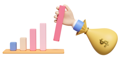 3d Diagramme, Geschäftsmann Hände halten Graph mit Geld Tasche isoliert. schnell Anerkennung Genehmigung, Darlehen Genehmigung, Geschäft Wachstum, Strategie Konzept, 3d machen Illustration png
